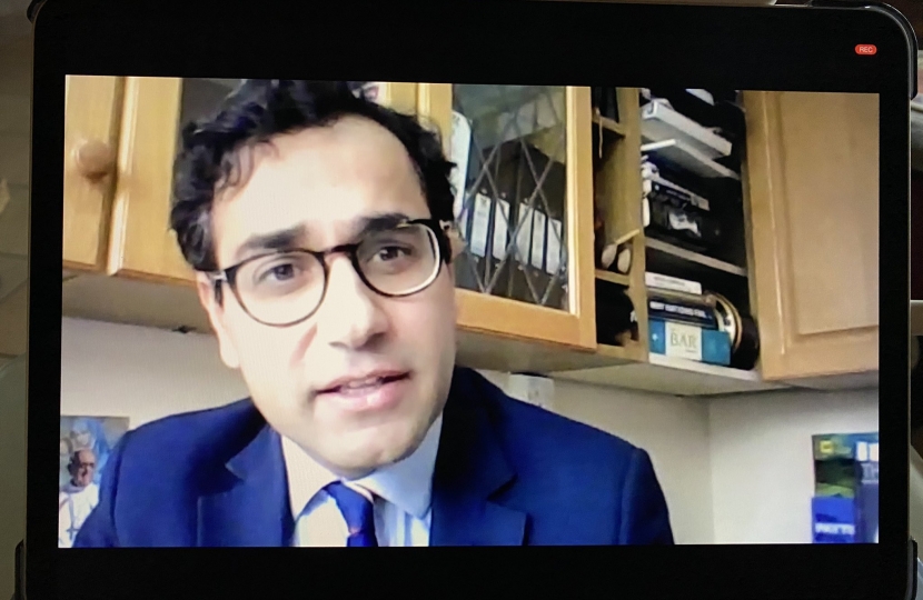 Screenshot of Rehman speaking at the virtual event