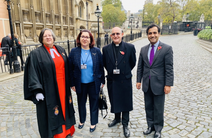 Rehman with the Iraq Deputy Ambassador, the Speaker's Chaplain Rev Tricia Hillas & Canon Pat Browne, Roman Catholic Duty Priest to the Houses of Parliament