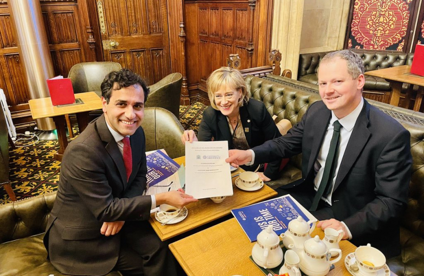 Rehman with Neil O'Brien MP and Prof. Jane Harrington