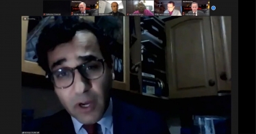 Screenshot of Rehman speaking at the virtual event